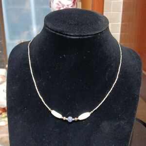 Vintage Mother Of Pearl, Small Lapis Stone 15 in. Sterling Silver Necklace